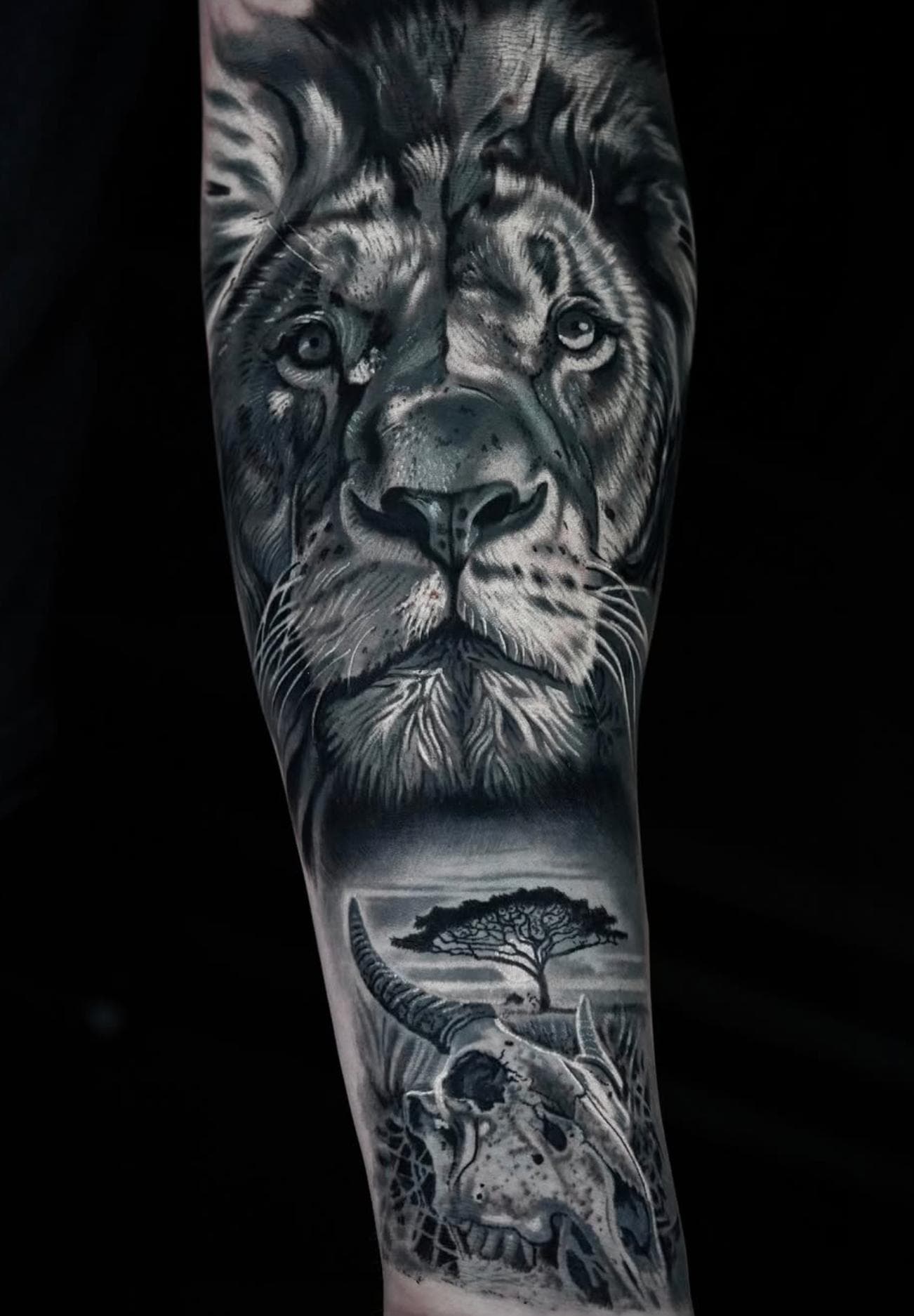 Black and grey realistic lion and landscape tattoo on forearm