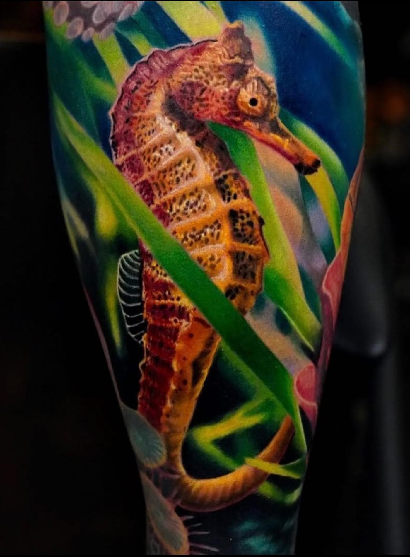 Colorful seahorse realism tattoo on calf with oceanic elements