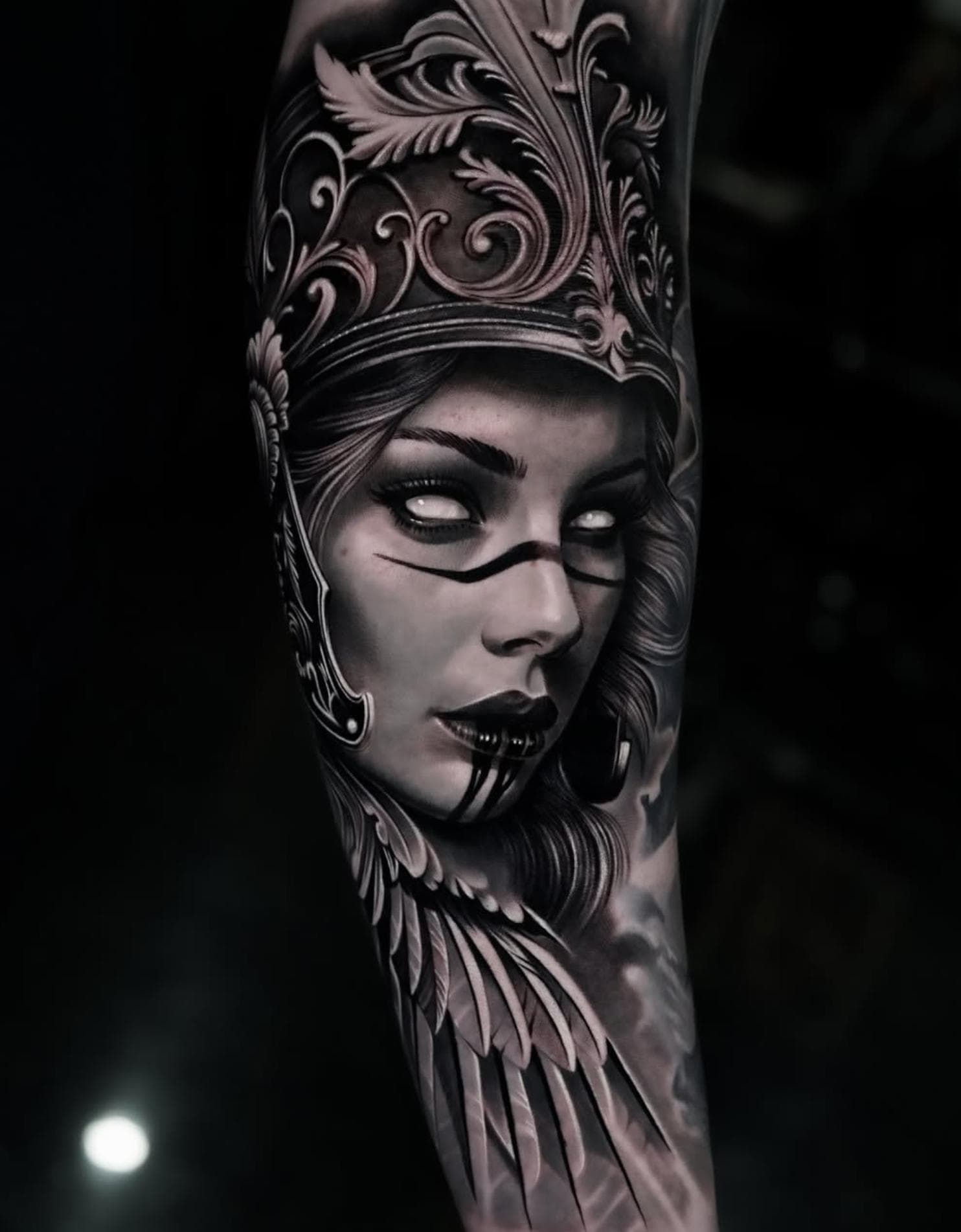 Black and grey realism Valkyrie sleeve on full arm